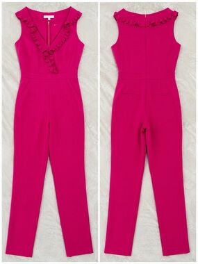 Trina Turk Fuchsia Ruffle V-Neck Sleeveless Jumpsuit